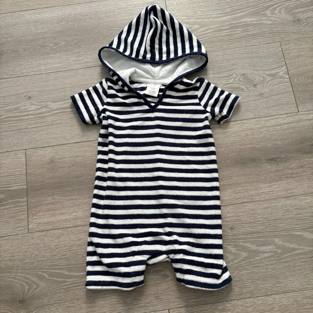 Snapper Rock Kids Navy‎ Blue White Stripe Pocket Hooded Romper 6-12 Months